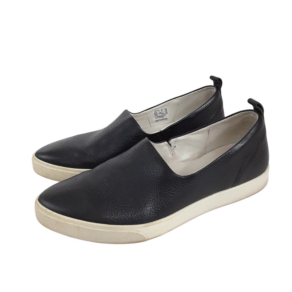 Ecco Gillian Slip On Leather Sneakers Almond Toe Womens 7 Black Loafers Minimal